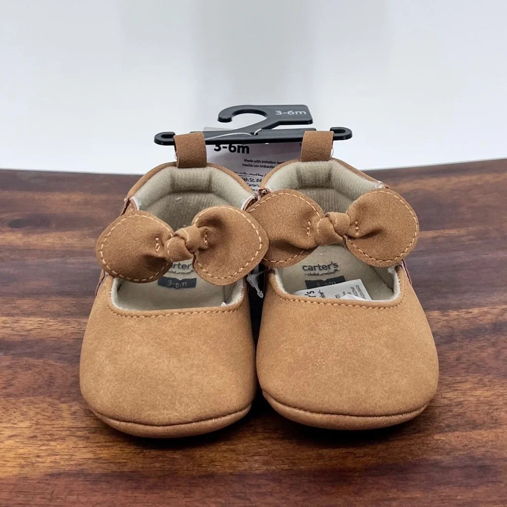 Carter's Child of Mine Mary Jane Baby Girl 3-6M Tan Bow Soft Sole Crib Shoes